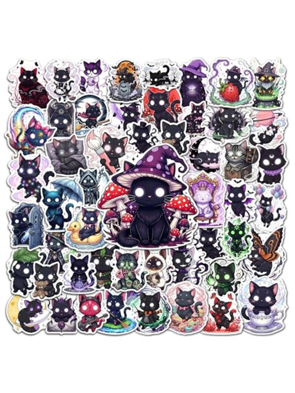 50 Pcs Cute Black Cat Stickers Magic Cat Sticker Waterproof Cartoon Cats Vinyl